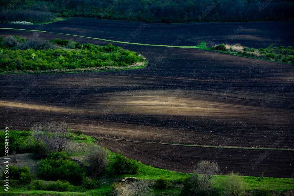 Texture of brown agricultural soil. Beautiful sunrise on the farm. The Farm in the Moldova, Europe. Freshly plowed spring field for planting vegetable seeds.