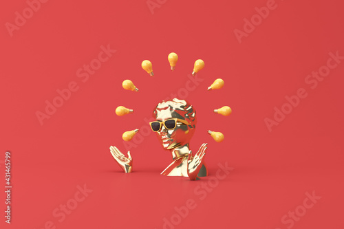 Minimal scene of sunglasses and headphone on gold human head sculpture with light bulbs, 3d rendering. photo