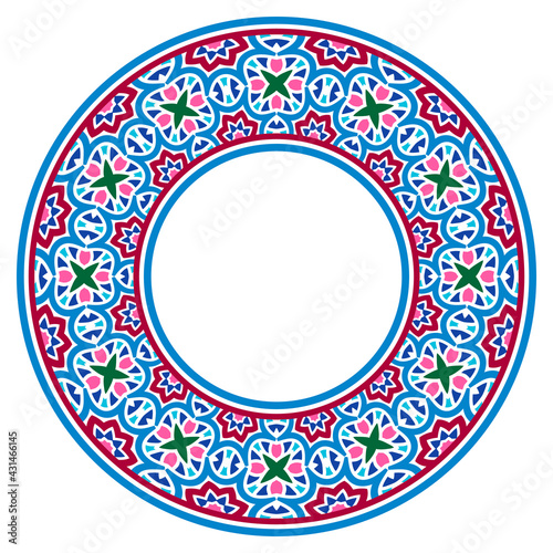 Decorative round ornament. Ceramic tile border. Pattern for plates or dishes. Islamic, indian, arabic motifs. Porcelain pattern design. Abstract floral ornament border