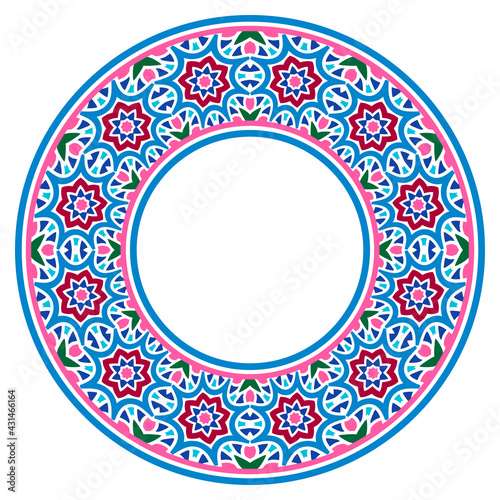 Decorative round ornament. Ceramic tile border. Pattern for plates or dishes. Islamic, indian, arabic motifs. Porcelain pattern design. Abstract floral ornament border