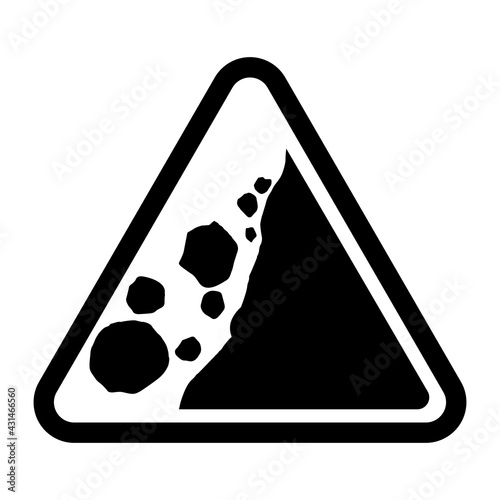 Falling rocks or debris warning road sign. Vector illustration of landslide caution traffic sign. Attention black and white triangle mark isolated on white background.