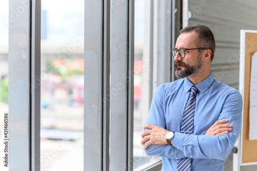 Portrait of confident middle-aged businessman in blue shirt and wearing glasses with a beard and mustache standing next to window in office with copy space