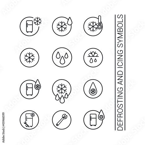 Vector icon. Thawed and frozen symbols. Image of a drop of water with a snowflake and a fridge. Line icon.