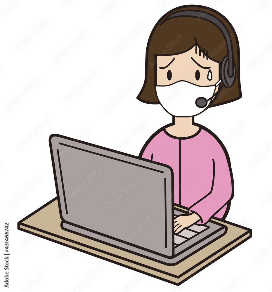 パソコン入力をしながら電話応対をする20代〜30代女性 コールセンター マスク 困り顔 ななめ 斜め パソコン入力をしながら電話応対をする20代〜30代女性 コールセンター マスク 困り顔 ななめ 斜め
