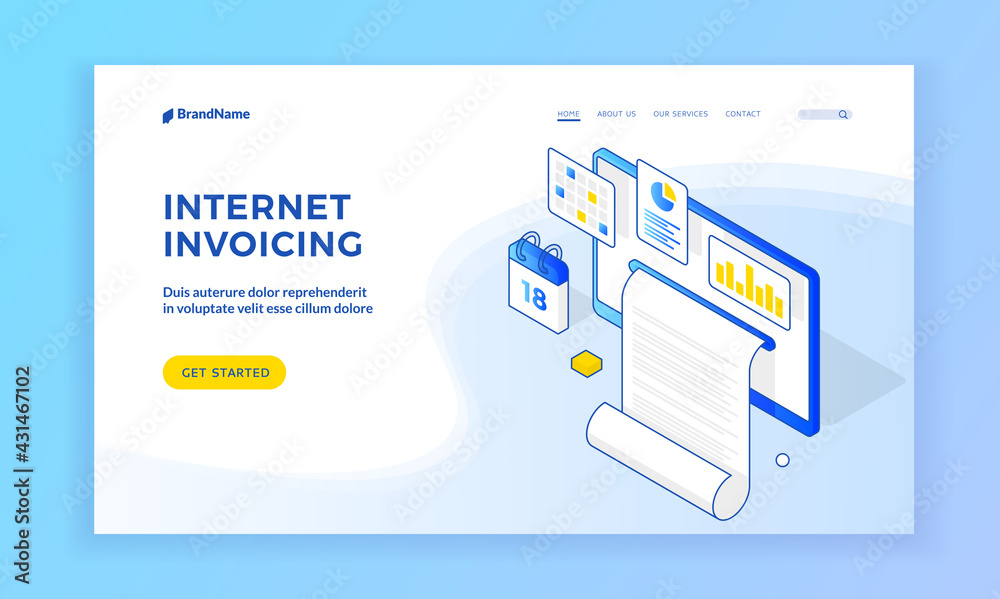 Fototapeta premium Internet invoicing. Isometric vector graphic elements of receipt and app icons of website with information about invoicing via Internet. Isometric web banner, landing page template