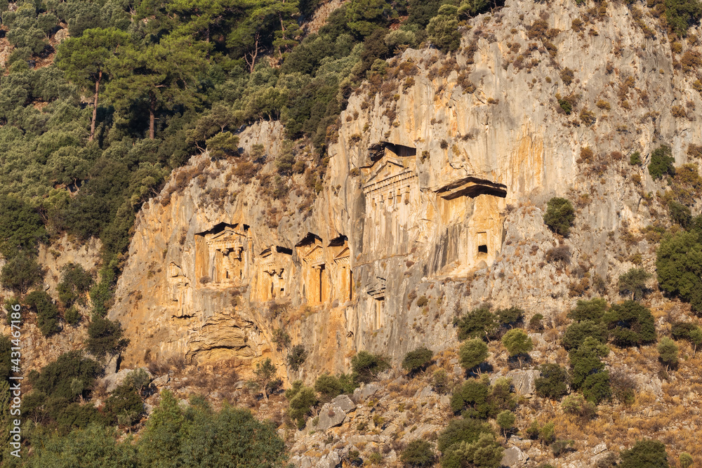 Rock-cut temple tombs of the ancient city Kaunos in Dalyan, Turkey.