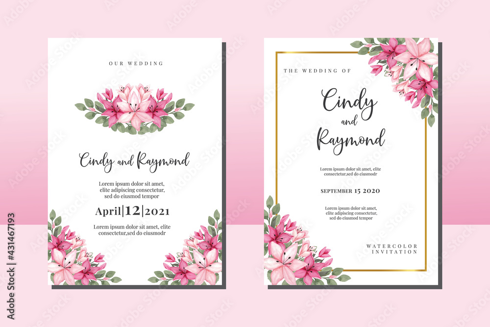 Wedding invitation frame set, floral watercolor hand drawn Pink Lily Flower design Invitation Card Template
