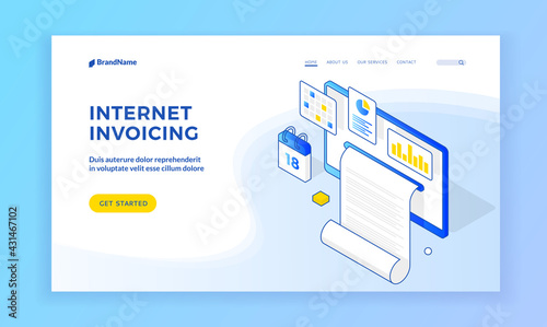 Internet invoicing. Isometric vector graphic elements of receipt and app icons of website with information about invoicing via Internet. Isometric web banner, landing page template