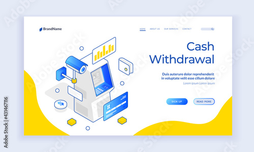 Cash withdrawal. Vector illustration of isometric ATM with credit card and surveillance camera representing cash withdrawal system on banner for banking service. Landing page template