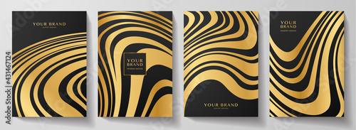 Modern gold and black cover design set.  Abstract wavy line pattern (curves). Creative golden stripe vector collection for business background page, brochure template, luxury booklet, vertical flyer