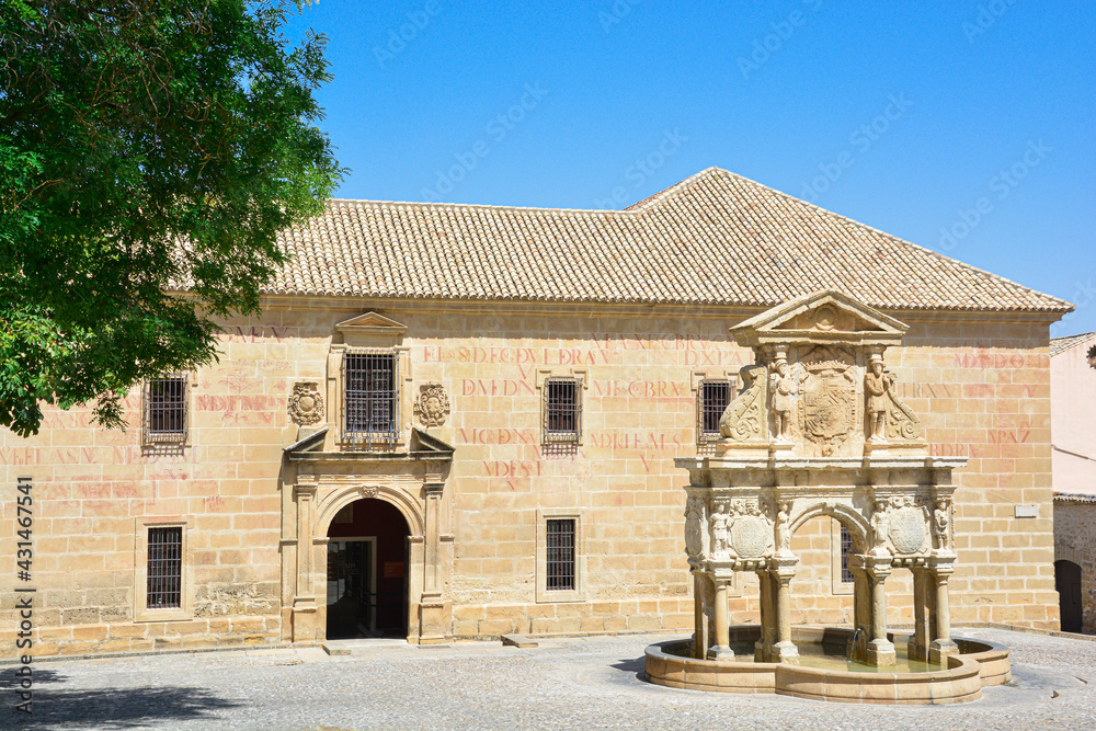 Former Conciliar Seminary, seat of the International University of Andalusia. Saint Mary Place in the city of Baeza, province of Jaén. Spain.In a sunny day with a blue Sky