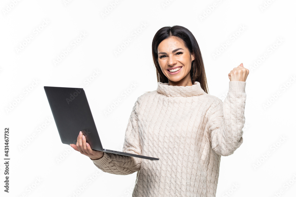 young beautiful modern woman having an laptop in hands, leaning on a white wall, happy young beautiful modern woman having an laptop in hands, leaning on a white wall, happy