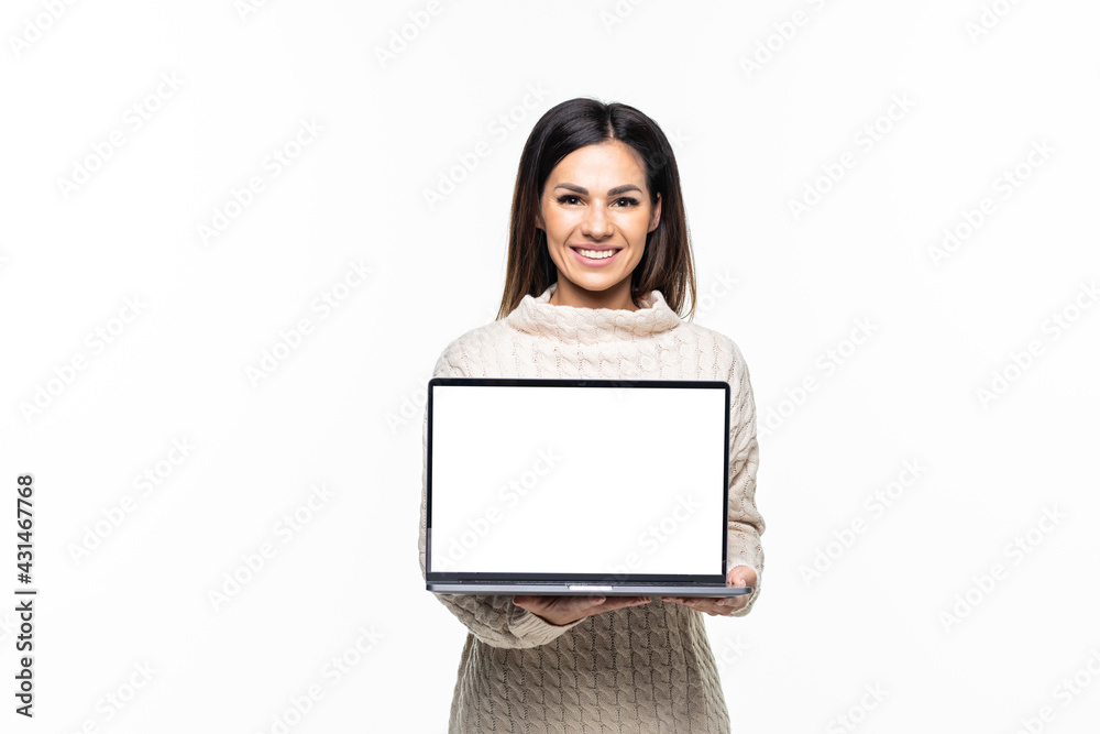 beautiful business woman smile at isolated white laptop screen over white background beautiful business woman smile at isolated white laptop screen over white background