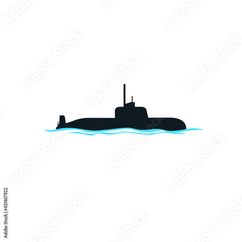 Submarine icon isolated on white background with sea. Military ship. Logo design template element.