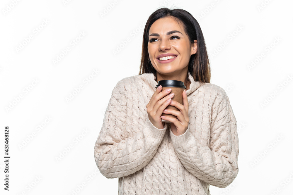 Smiling woman with a cup of coffee on white background Smiling woman with a cup of coffee on white background