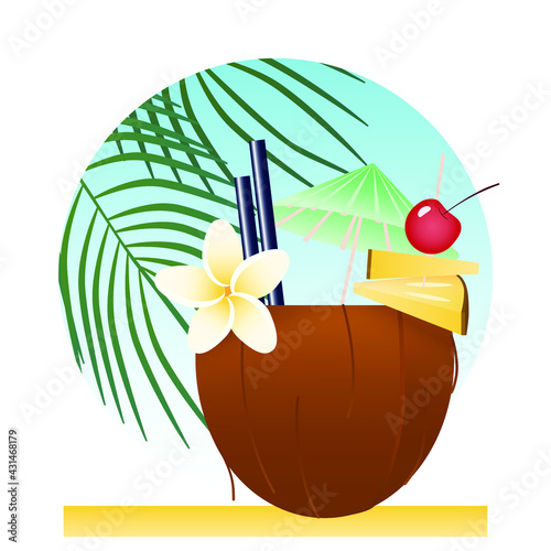 Tropical cocktail in coconut, decorated with flower and fruit. Vector illustration.