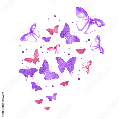 Flock of silhouette butterflies on white