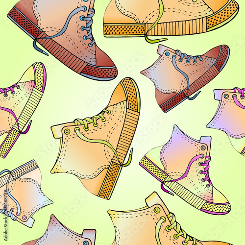 Sports shoes seamless pattern, color hand-drawn illustration on white background.