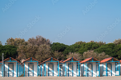 Fototapeta Naklejka Na Ścianę i Meble -  Beach huts on the famous Lido beach in Venice, Italy