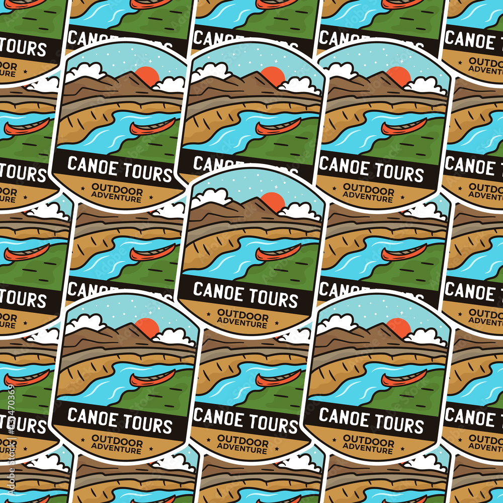 Camping adventure badges pattern. Outdoor hiking seamless background with tent, mountains, cabin life scene. Stock Canoe tours.