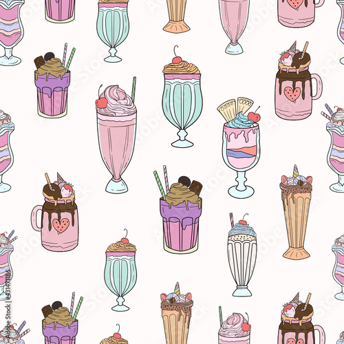sweet dessert jar of milkshake and smoothies seamless pattern design