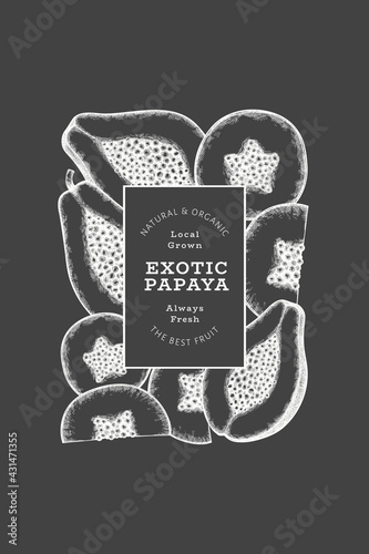Hand drawn sketch style papaya banner. Organic fresh fruit vector illustration on chalk board. Retro fruit design template