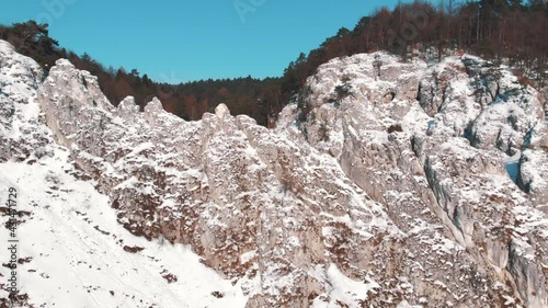 Drone footage of the rocky area of Wawoz Bolechowicki or Bolechowice Valley. Main tourist attraction. The footage is made during the Winter season. Trees in the background against the clear blue sky. photo