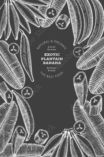 Hand drawn sketch style plantain banner. Organic fresh fruit vector illustration on chalk board. Retro exotic banana fruit design template