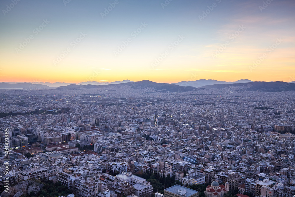 Aerial view of Athens at sunset