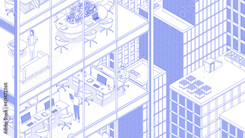 View of the office building and the city. Isometric cityscape, city view, city skyline. Vector illustration in flat design. Outlined, linear style, line art. People at work. 

