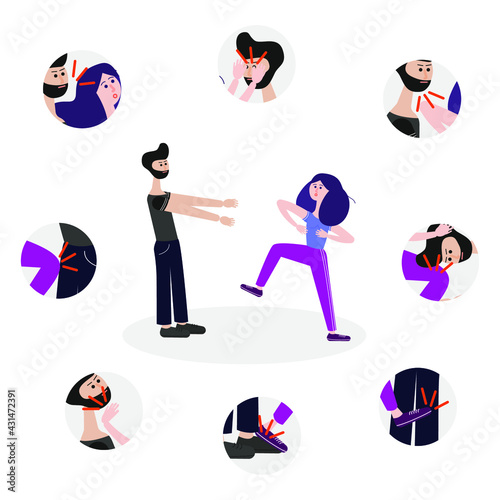 Self-defense for a woman. Pain points infographics. Hand-to-hand fighting techniques. Protection from bullies. Vector educational illustration.
