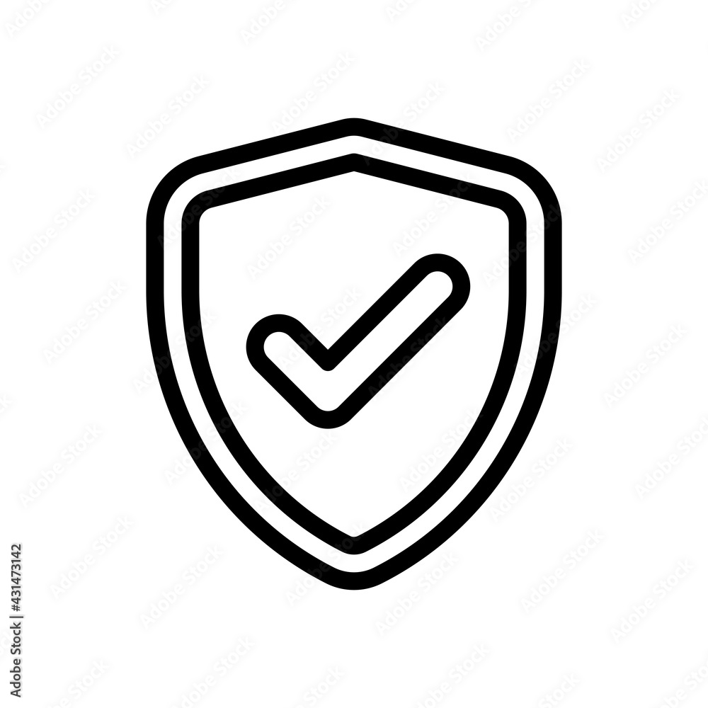 Shield with check mark, logo of protection, simple icon. Black linear icon with editable stroke on white background Shield with check mark, logo of protection, simple icon. Black linear icon with editable stroke on white background