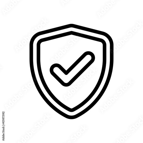 Shield with check mark, logo of protection, simple icon. Black linear icon with editable stroke on white background