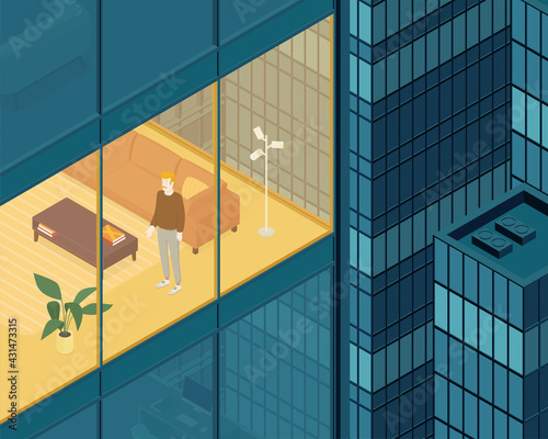 View of the apartment building and city. Man. Residential building, housing, hotel. Isometric cityscape, city view, city skyline. Vector illustration in flat design.
