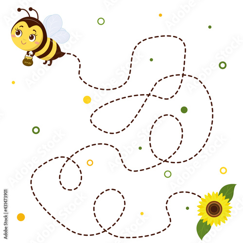 Honey bee with a pot of honey flies, sunflower flower and leaves on white background. Vector, cartoon style.