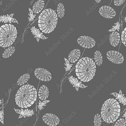 Graphic floowers on gray background. Floral seamless pattern. Monochrome version. photo