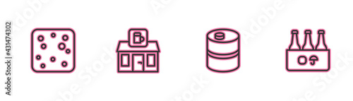 Set line Beer bubbles, Metal beer keg, Store building of shop and Pack bottles icon. Vector