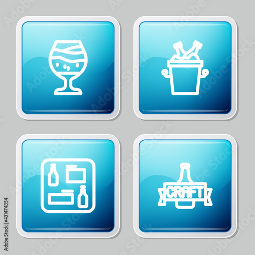 Set line Glass of beer, Beer bottles in ice bucket, menu and icon. Vector