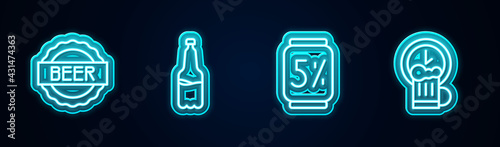 Set line Bottle cap with beer, Plastic bottle, Beer can and Happy hour. Glowing neon icon. Vector