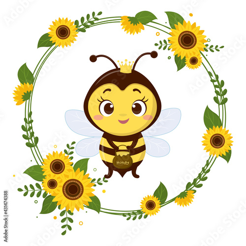 Cute queen bee is holding a pot of honey. Frame from yellow flowers sunflower and leaves. Cartoon style, vector