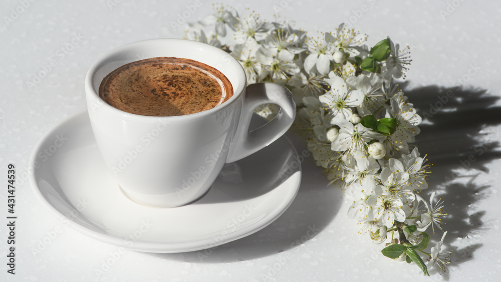 White cup of coffee and spring blooming branch with white flowers on the white background in morning sunlight. Spring mood. Banner.