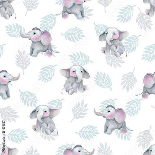 little elephants and tropical leaves seamless pattern 