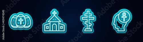 Set line Easter egg, Church building, Christian cross and Cross ankh. Glowing neon icon. Vector