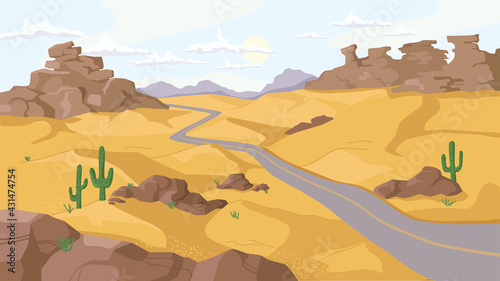 Desert with rocky mountains and hills of sand  growing cactus plants along path  flat cartoon design. Vector Arizona  Sahara or wild west sandy doughty valley landscape. Mexico panorama  hot place