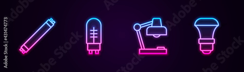 Set line Fluorescent lamp, Light emitting diode, Table and LED light bulb. Glowing neon icon. Vector