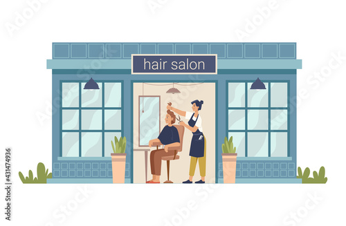 Hair salon, hairdresser cuts client woman, making stylish haircut. Vector barber beauty shop flat cartoon building. Barbershop facade exterior, entrance and shopwindow, hair cut for lady in chair © Sensvector