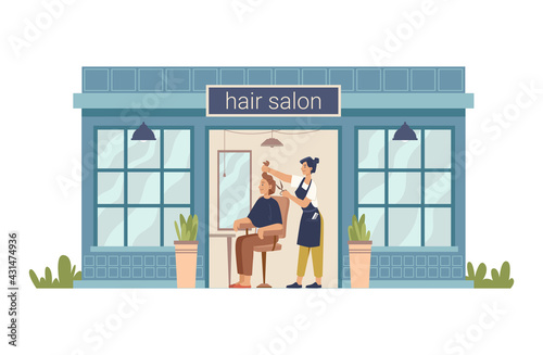 Hair salon, hairdresser cuts client woman, making stylish haircut. Vector barber beauty shop flat cartoon building. Barbershop facade exterior, entrance and shopwindow, hair cut for lady in chair