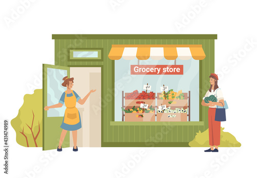 Grocery shop and cartoon people isolated. Vector greengrocery store facade exterior building, seller invites buyer to buy fruits, vegetables. Vector eco, organic food, vegetarian vegan products market