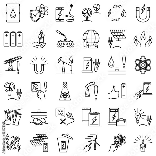 Energy sources, transportation and delivery of oil, gas and electricity, energy types. Set of vector icons, isolated, Outline, perfect pixel 48x48.