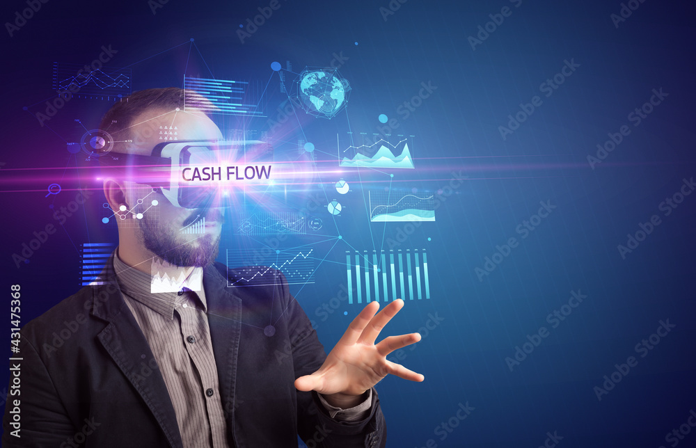 Businessman looking through Virtual Reality glasses Businessman looking through Virtual Reality glasses